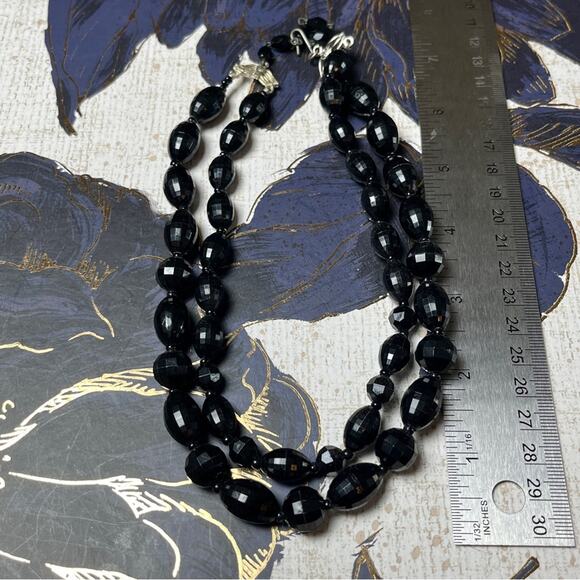 Vintage 40s 1940s Double Strand Faceted Black Beaded Chunky Choker Necklace D2 - Picture 10 of 10